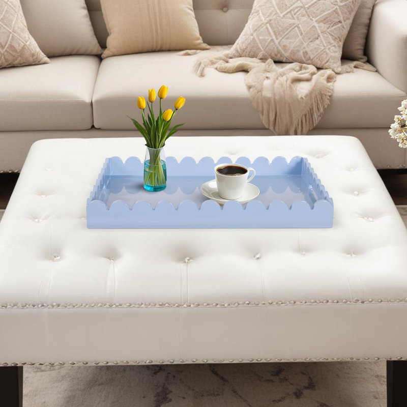 Hindley Hand-Crafted Rectangular Scalloped Wood Tray, Light Blue