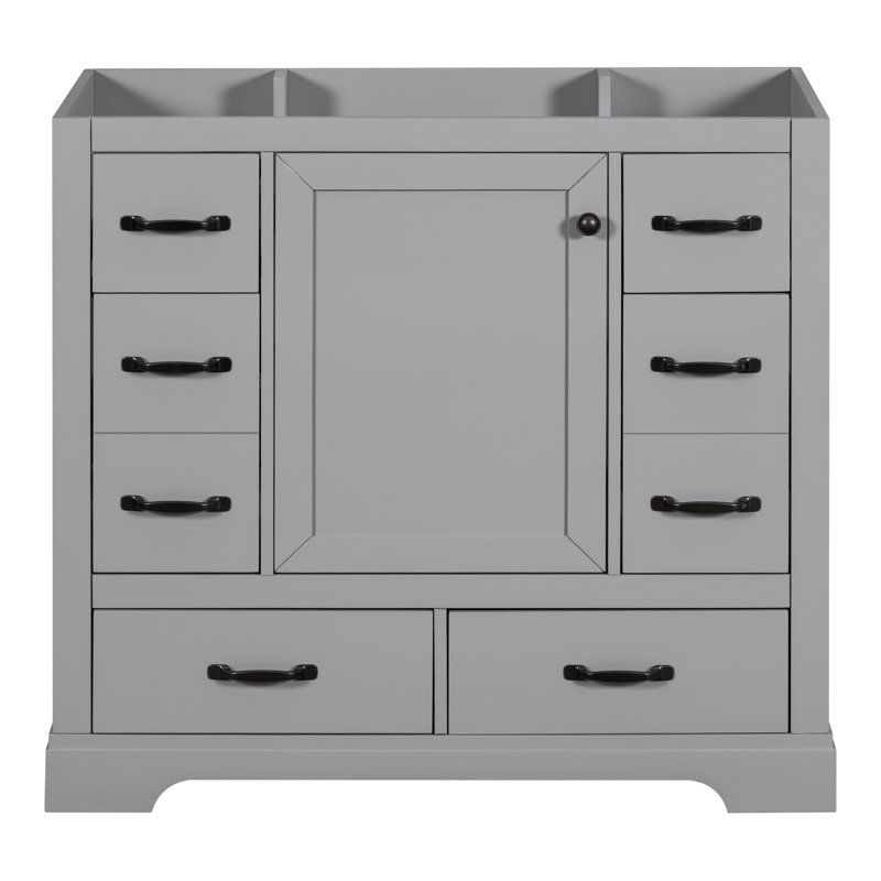 Base d'armoire de salle de bain grise, 6 tiroirs, tablette multifonctionnelle, meuble-lavabo en bois massif de 36 po, finition, réglable