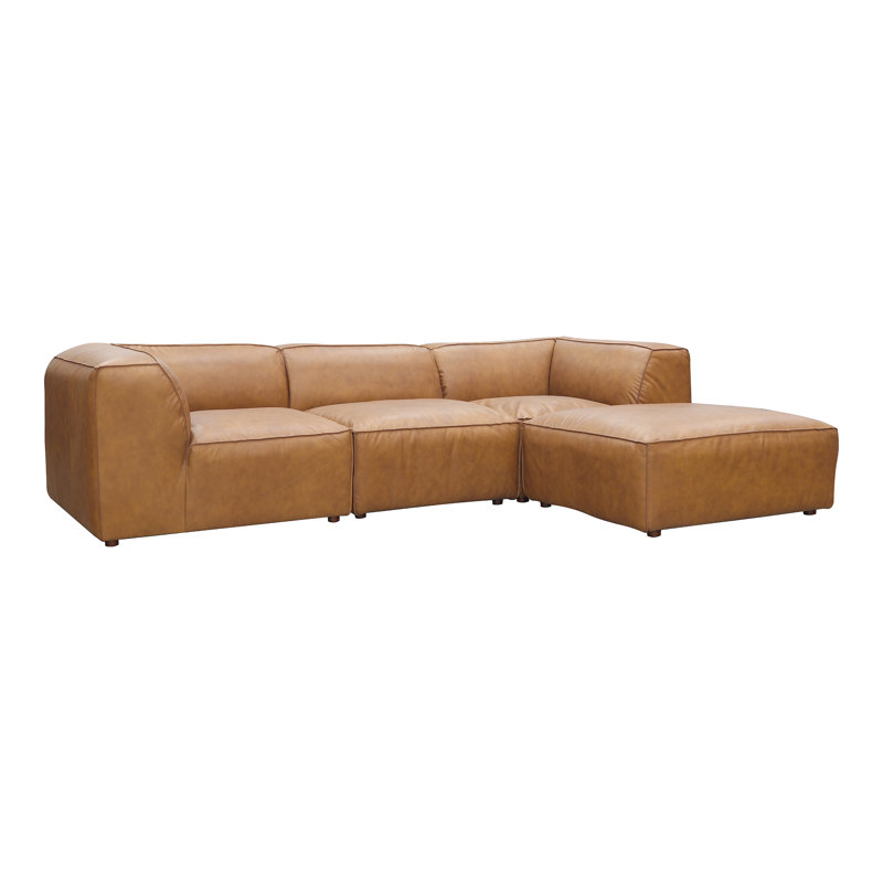 Form Astra 5 - Genuine Leather Modular Sectional with Ottoman, Tan Genuine Leather, 26" H x 112" W x 71.5" D