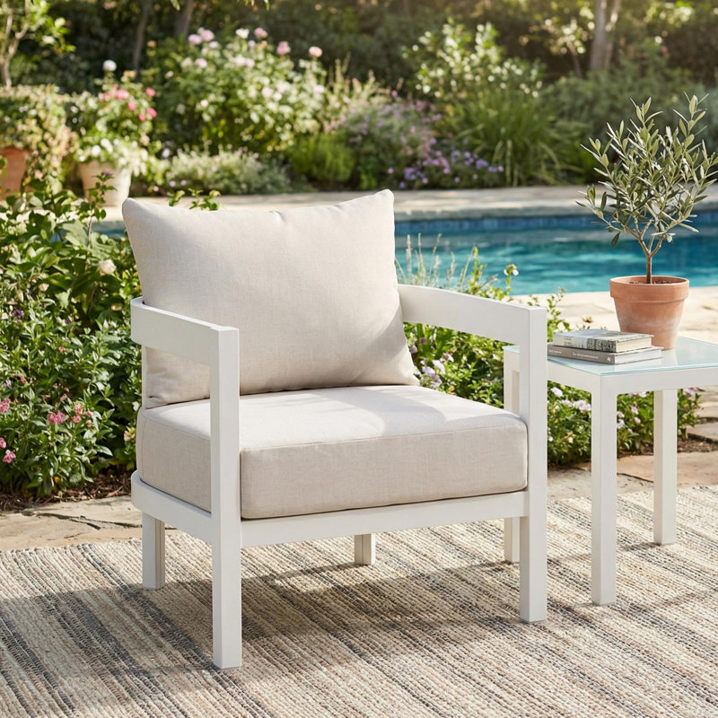 Contour 27.6" Outdoor Curved Patio Accent Chair with Aluminum Frame and Cushions, 1, Beige Cushion/White Frame