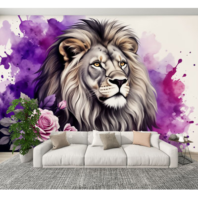 Papier peint adhésif autocollant «Majestic Lion» entouré de roses roses, abstrait et éclaboussures de papier peint en PVC amovible H 100 po x l 144 po pour chambre à coucher, bureau à domicile, bureau à domicile