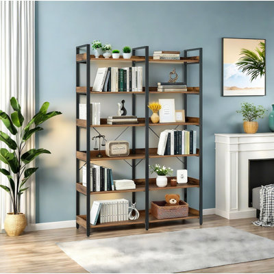 6-Tier Industrial Bookshelf, 68.7" Wooden Bookshelf with Open Shelves, Freestanding Metal Frame Bookcase for Storage and Display, Modern Book Shelves for Bedroom, Living Room and Home Office, Brown