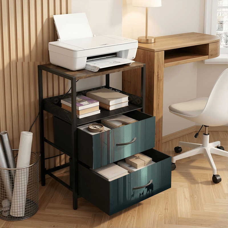 Table de chevet 2 tiroirs avec station de charge, table de chevet pour chambre à coucher avec ports USB, tablette ouverte noire, table de chevet avec ourson horizontal transparent