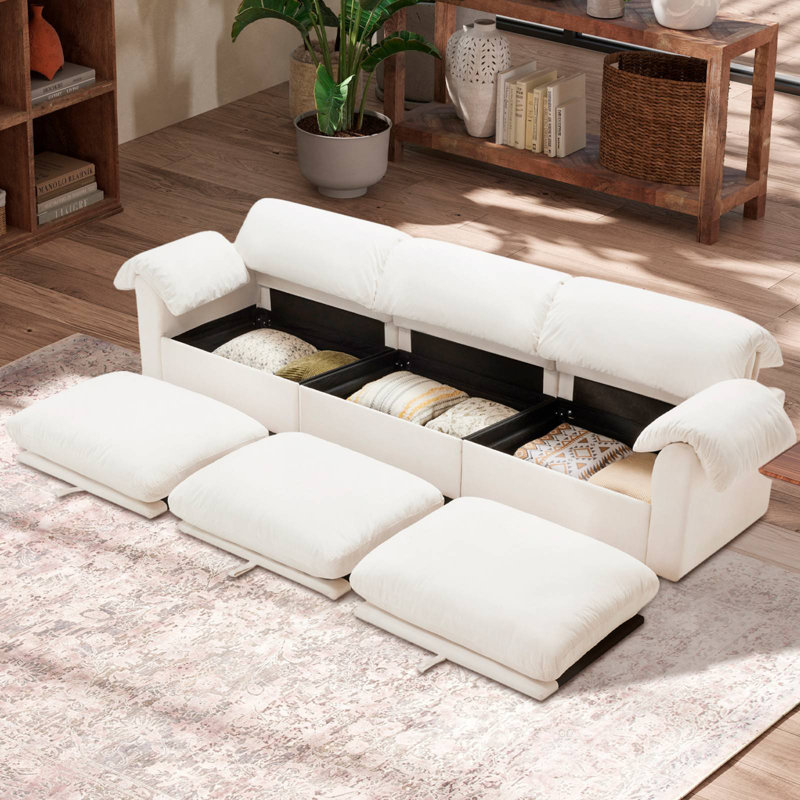 Canapé rembourré en velours avec rangement, H 33,9 po x l 119 po x P 37,6 po, 3, Blanc