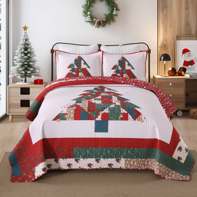 3 Pcs Holiday Bedspread Patchwork Christmas Tree Quilt Set