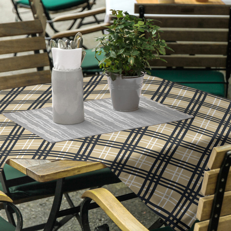 Plaid Cotton Blend Square Tablecloth, Old Gold/White/Black