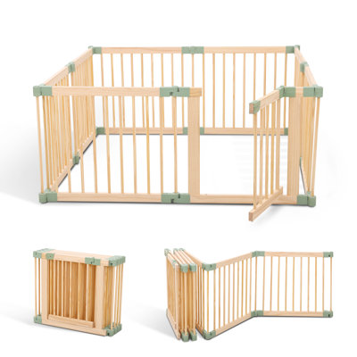 Natural Pine Wood Baby Playpen, Foldable Indoor Play Yard with Locking Safety Gate, Portable Wooden Fence for Babies & Toddlers