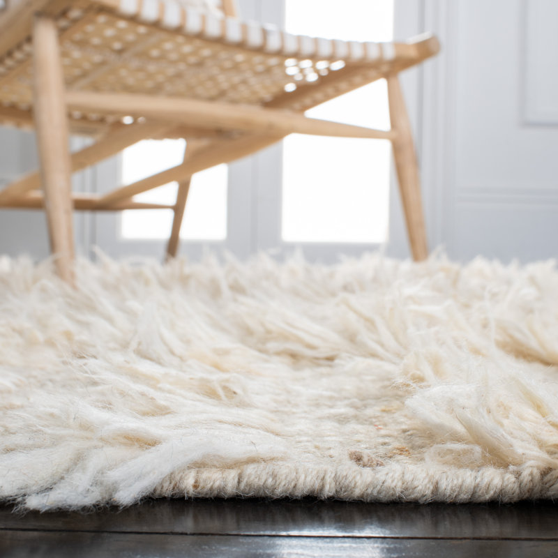 Ivory Wool and Cotton Hand-Tufted Square Shag Rug, 6' x 6'
