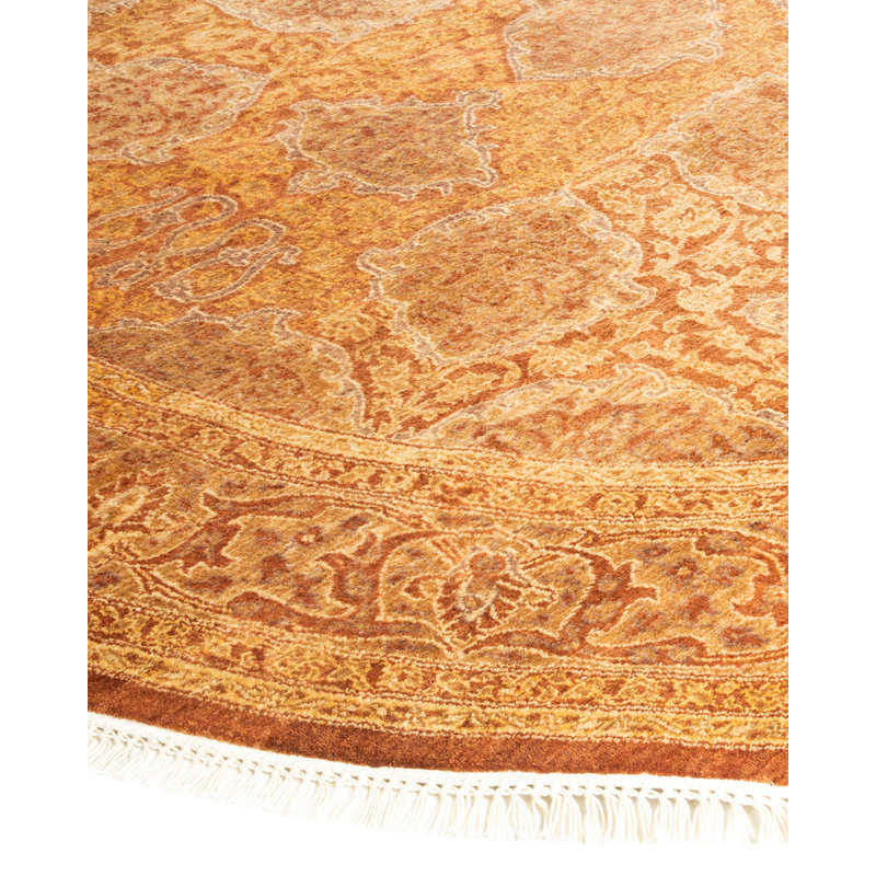 Hand-Knotted Round Yellow Wool Geometric Rug 6' x 9'