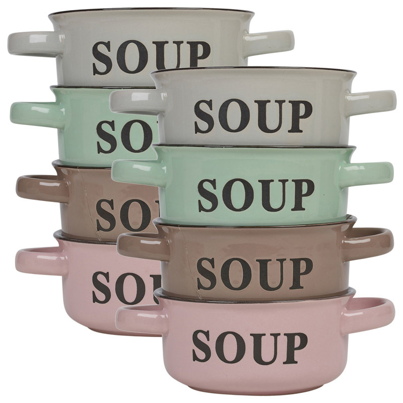 8 Coloured Stoneware Ceramic Cereal Soup Bowls Handles Serving Dish Set 500ml