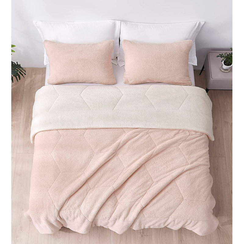 Double Sided Sherpa Reversible Comforter Set, Full Comforter + 2 Standard Shams, Blush