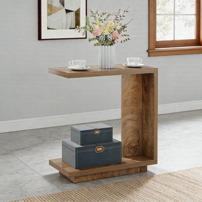 C-Shaped Wood End Table – Side Table Nightstand With 2 Open Shelves