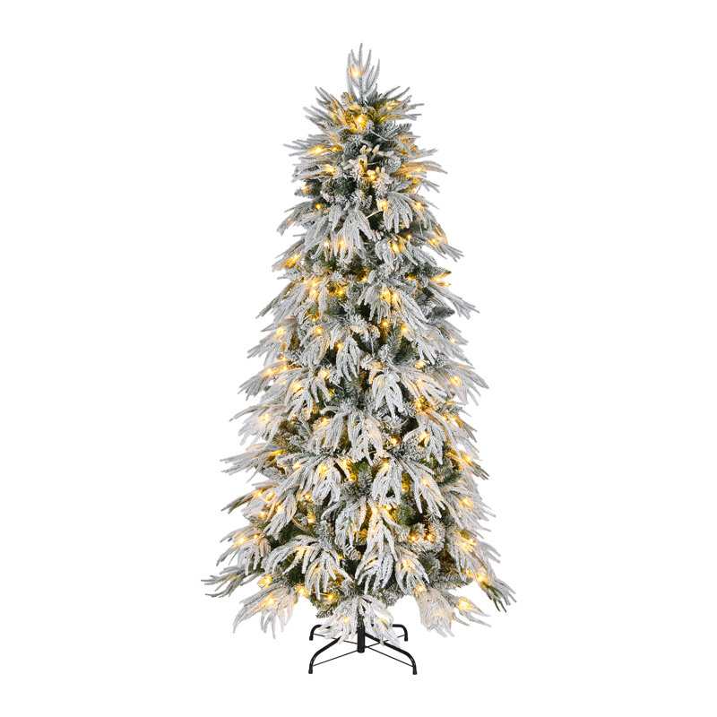 Arbre de Noël artificiel floqué mince préinstallé avec base en métal, 7'