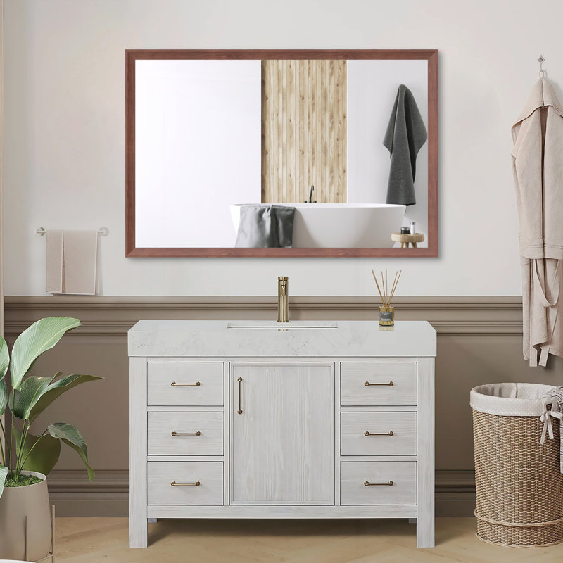 48"X32" Oversized Modern Rectangle Bathroom Mirror, 48" x 32", Walnut