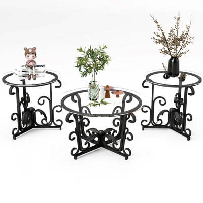 Table basse 3 pièces ronde en verre trempé et style rustique noir, pour le salon, configuration multifonctionnelle, surface de décoration rétro américaine en noir, design, style