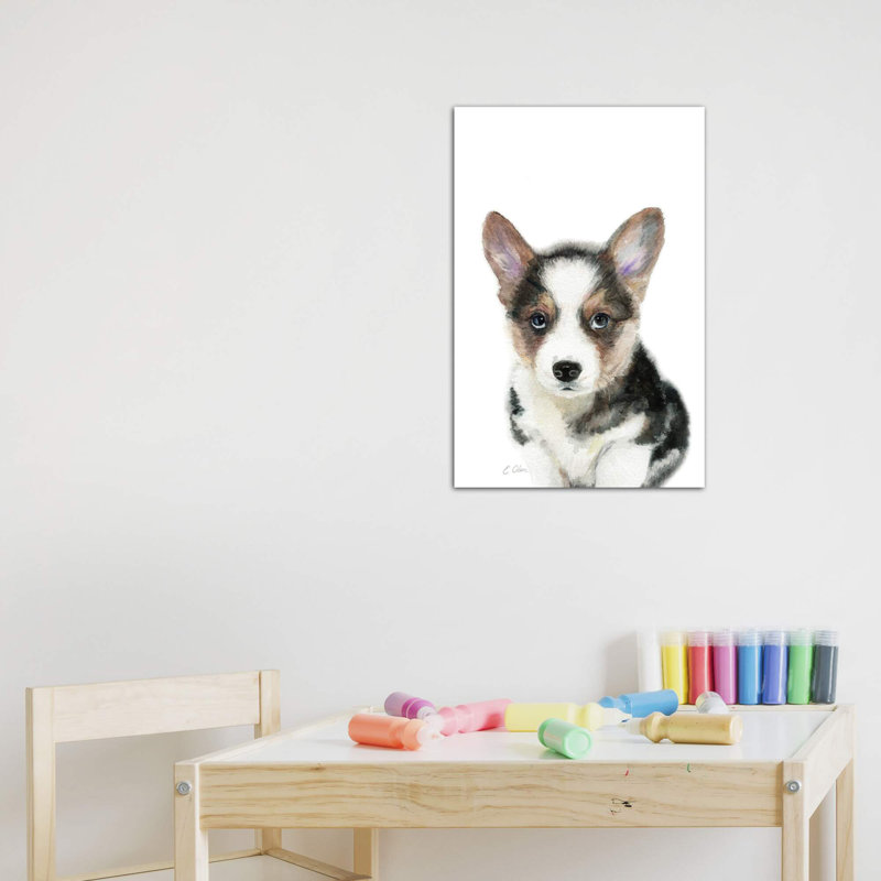 «Black Corgi Puppy» par Watercolor Luv - reproduction d'art, Toile tendue, Pas de tapis, H 12 po x l 8 po x P 0,75 po