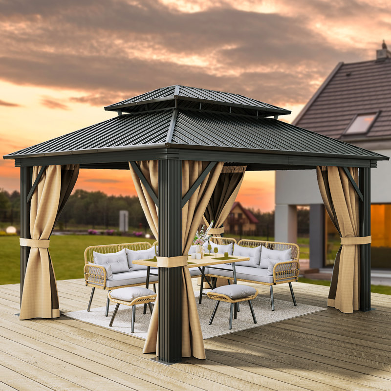 Pavillon de jardin en aluminium à toit double avec toit rigide, 14 pi x 12 pi, Brun