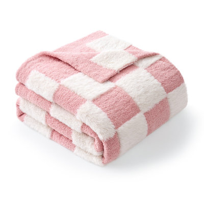 Fluffy Feather Yarn Knit Throw Checkered Blanket Soft Faux Fur Blend Blankets For Couch Or Bed