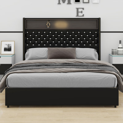 Structure de lit tapissier capitonné avec veilleuse, ports USB et tablette de tête de lit, lit plateforme avec tête de lit haute Rivet
