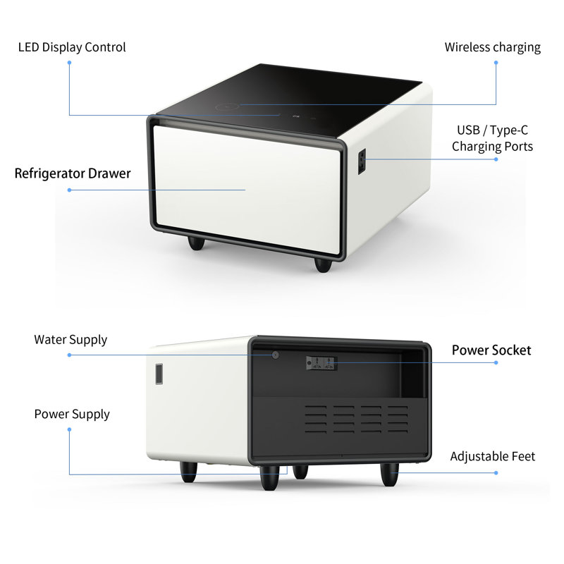 Smart End Table with Fridge and Built-In Outlets, White/Black