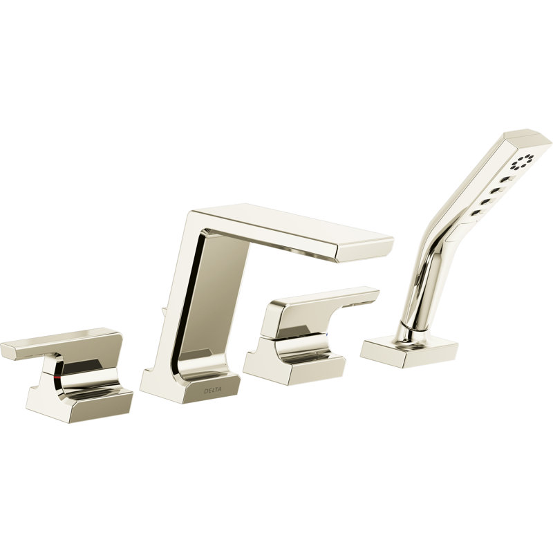 Pivotal Double Handle Deck Mounted Roman Tub Faucet with Optional Handshower, With Handheld Shower, Polished Nickel