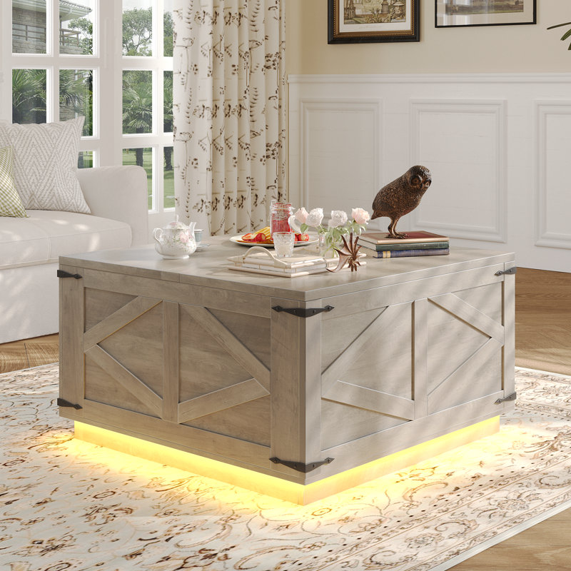 Farmhouse Lift Top LED Coffee Table With Storage, Gray Top/Gray Base