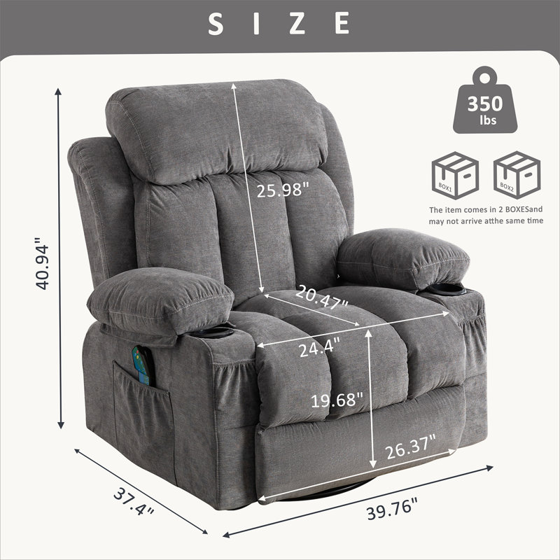 Swinging recliner massage heated sofa, with USB and 2 cup holders in side pockets