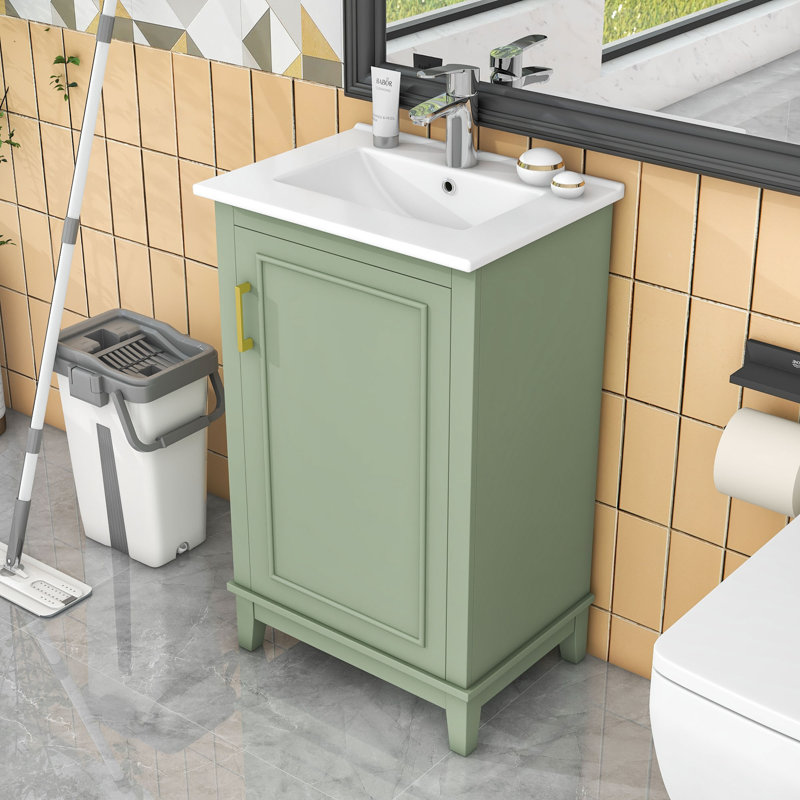 Bathroom Vanity Cabinet With Ceramic Basin, Green, Gold