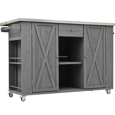 Outdoor Kitchen Island In Grey - Solid Fir Wood & Stainless Steel, Foldable Worksurface, Storage Areas, Towel Spice , Bottle Opener, Lockable Wheels For Practical Use Color Top, Compartments, And