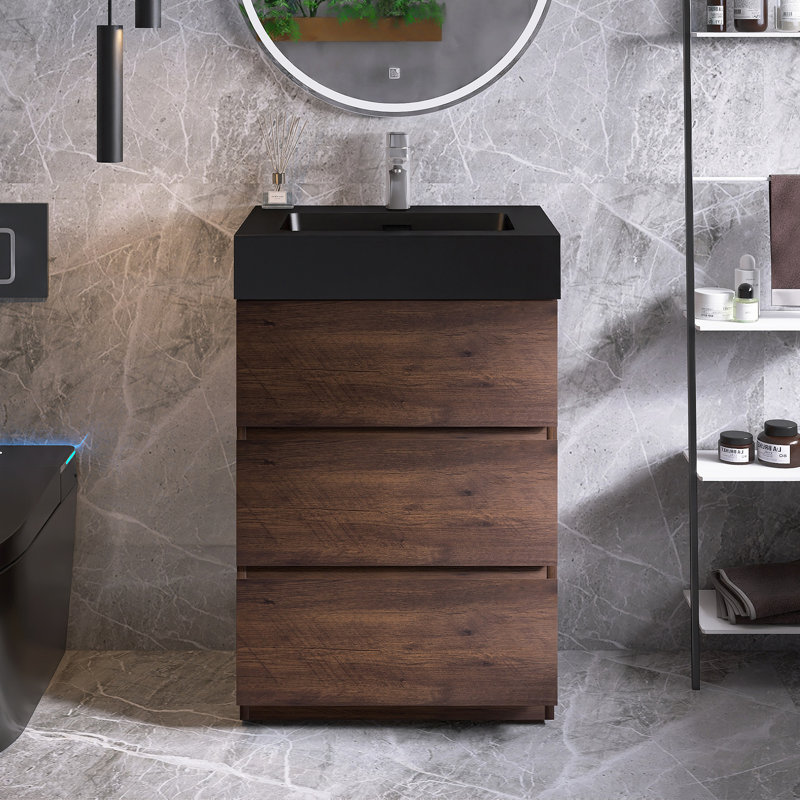 Meuble-lavabo simple autoportant 24 po avec plateau Caloway, Noyer, Noir