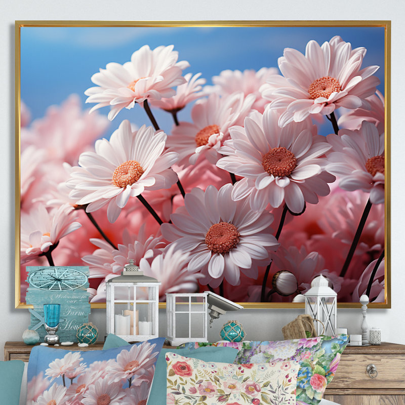 «Pink Whispering Daisies I», reproduction, H 30 po x l 40 po x P 1,5 po, Cadre flottant doré