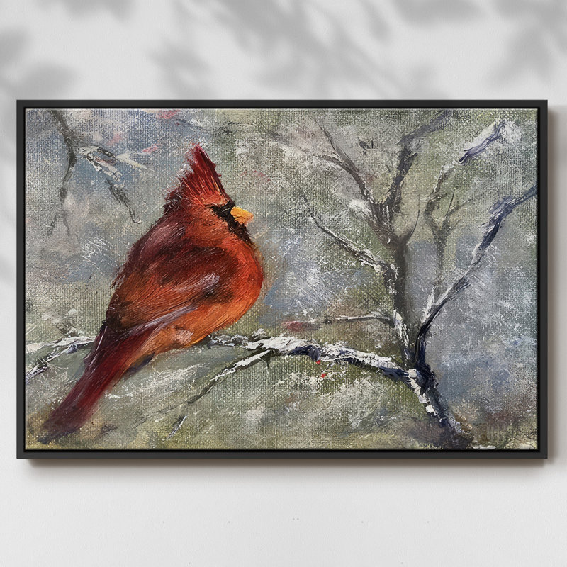 «Cardinal in Snow II», toile tendue avec châssis, Cadre flottant noir, H 17 po x l 25 po x P 1,5 po