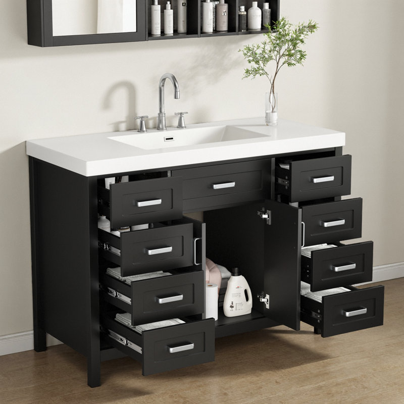 Meuble-lavabo noir 48 po avec lavabo, portes à fermeture douce et 8 tiroirs, Noir, Noir
