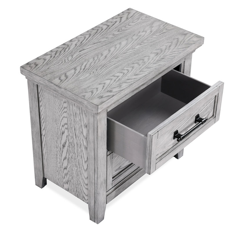 Table de chevet à finition grise pour chambre à coucher avec deux tiroirs - Fabrication en bois, style transitionnel, fabrication