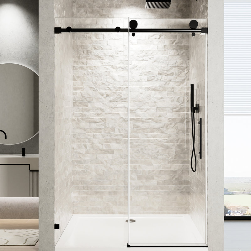 Porte de douche simple coulissante noire matte à fermeture en douceur de 60 po de largeur et de 76 po de hauteur avec verre trempé transparent de 5/16 po (8 mm), quincaillerie en acier inoxydable rouille, revêtement imperméable, tampon pour un mouvement silencieux dans la salle de bain