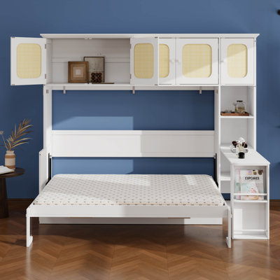 Lit escamotable avec armoires en rotin, lit escamotable en bois avec tablettes de rangement et bureau