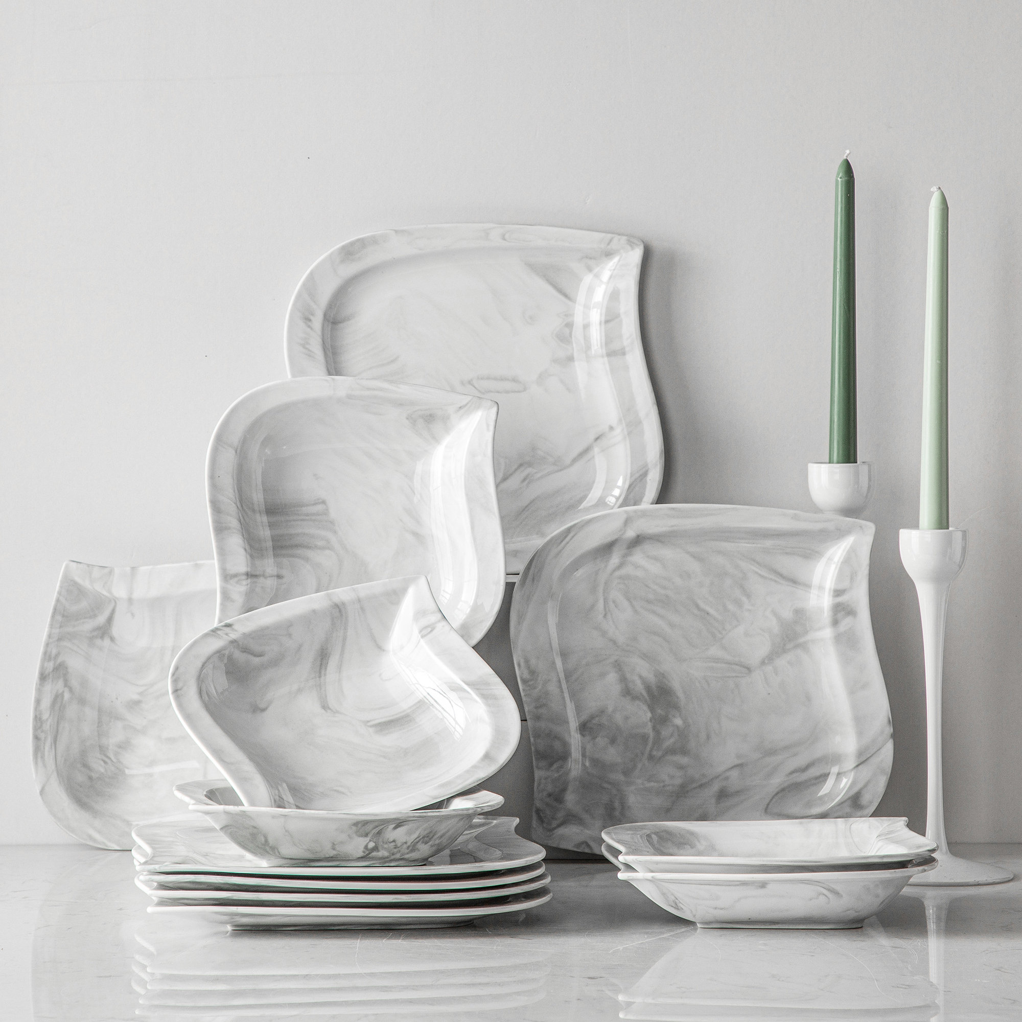 MALACASA Blance 32-Piece Marble Gray Porcelain. Dinnerware Set