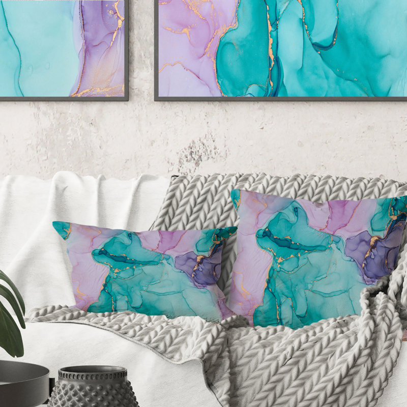 Turquoise et mauve, luxe, abstrait, fluide, art III - coussin décoratif moderne imprimé, 16 po x 16 po