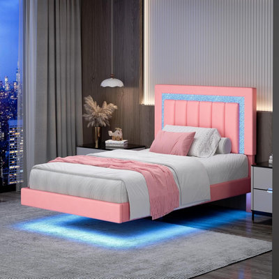 Floating Bed Frame with Smart LED Lights, Faux Leather Upholstered Platform Bed with Diamond PU Headboard