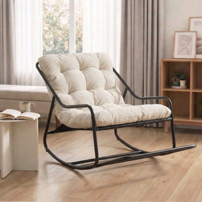 Chaise berçante surdimensionnée à coussin avec siège rembourré épais, chaise longue de patio à structure en métal pour la détente intérieure et extérieure