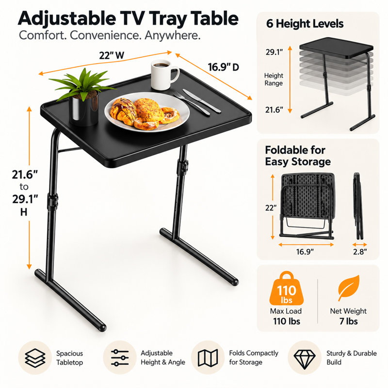 Table d'appoint pliante et réglable pour téléviseur, avec 6 hauteurs et 3 angles d'inclinaison