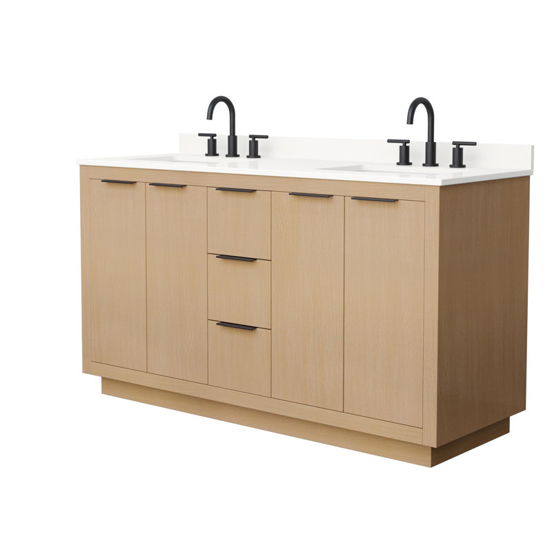 Meuble-lavabo double 60 po avec plateau en quartz Maroni, Quartz blanc, Noir mat, Centre de 8 po