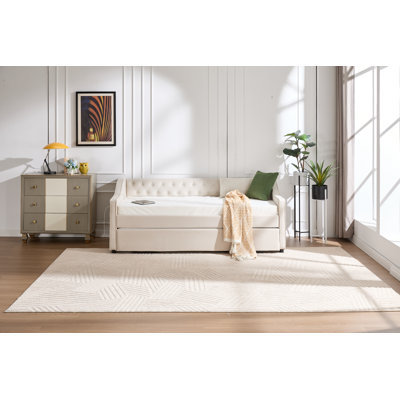 Twin Size Upholstered Daybed With Trundle,USB Port ,Side Pockets,Velvet Daybed With Button On Back And Piping On Waved Shape Arms by Everly Quinn