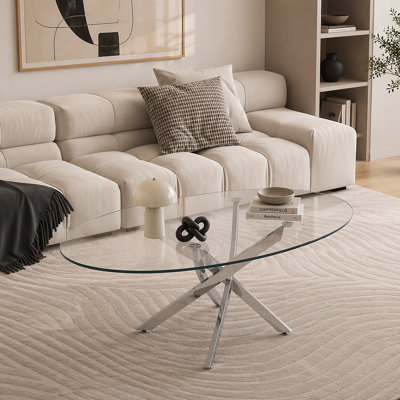 Table basse OVAL, table d'appoint en verre de 39,37 po avec pieds argentés, table à thé moderne pour le salon