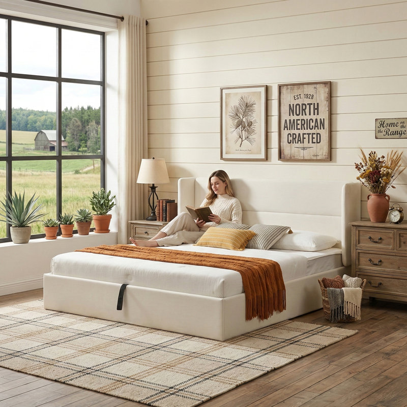 Upholstered Ottoman Storage Bed, King, Cream