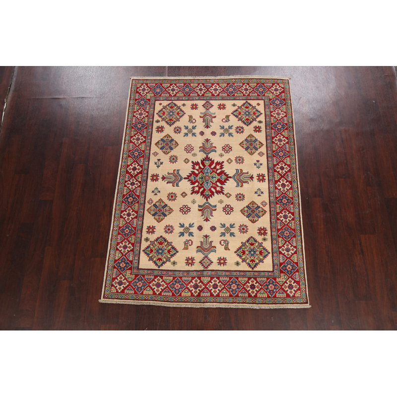 Tapis oriental à motif géométrique à motif de légumes Kazak noué à la main 5 x 7