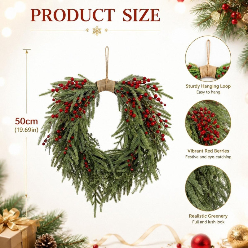 19.69-Inch Heart-Shaped Artificial Evergreen Wreath With Red Berries, Hanging Winter Christmas Wreath for Front-Door Decor