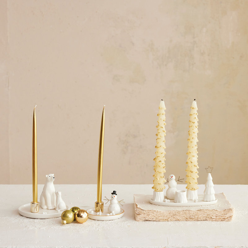 Stoneware And Wire Taper Holder With Snowman And Tree
