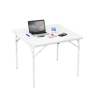 Square Folding Table 34 Inch Fold-in-Half Card Table Multi-Functional Foldable Portable Table for Indoor Outdoor Dining Patio Balcony Backyard Poolside Metal Frame White