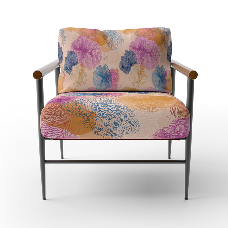 Chaise d'appoint abstraite - motif de corail bleu avec accoudoirs, Bras ronds bruns